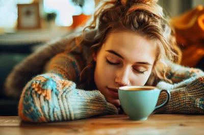 Young Woman Sleeping Beside A Cup Of Coffee