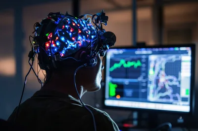 Person Wearing Futuristic Brain Computer Interface Headset