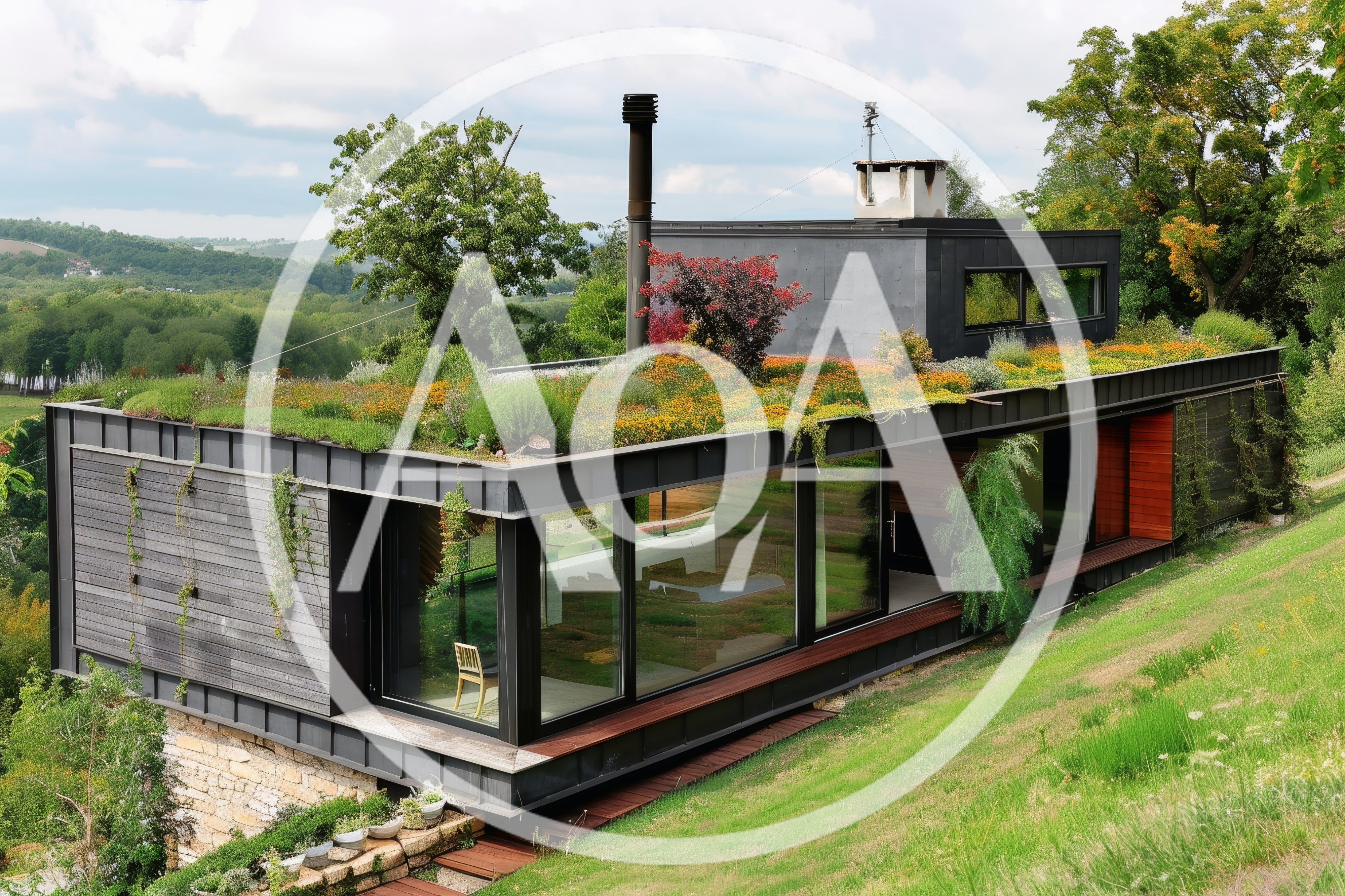 Modern Sustainable House With Green Roof In Nature
