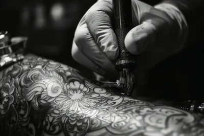 Tattoo Artist Working On Intricate Floral Arm Design