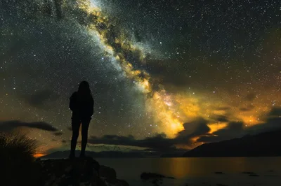 Silhouette Of A Woman Watching The Milky Way Galaxy