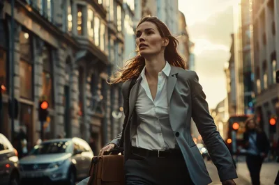 Businesswoman Walking Through A Busy City Street