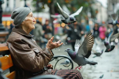 Elderly Woman Feeding Pigeons on a City Bench