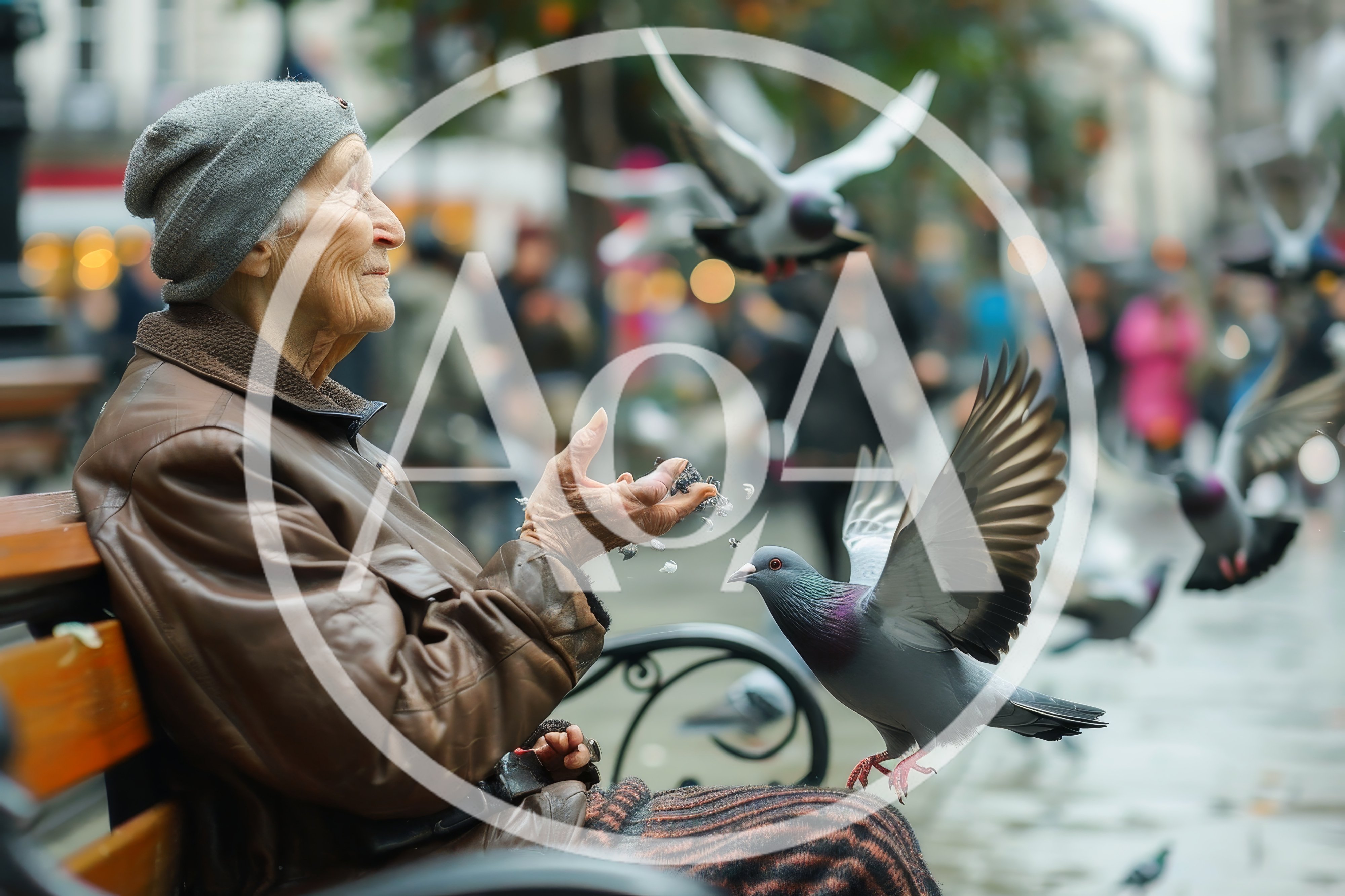 Elderly Woman Feeding Pigeons on a City Bench