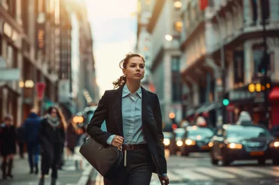 Professional Businesswoman Walking Through A Busy City Street