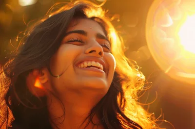 Young Woman Laughing Outdoors In Golden Hour Sunlight