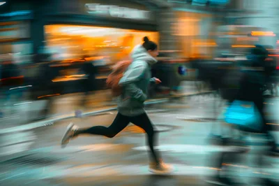 Person Running Through A Busy City Street