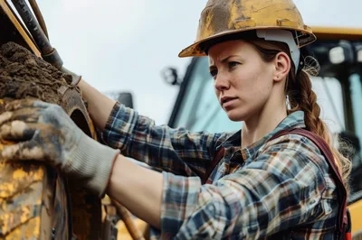 Female Construction Worker Inspecting Heavy Machinery Tire