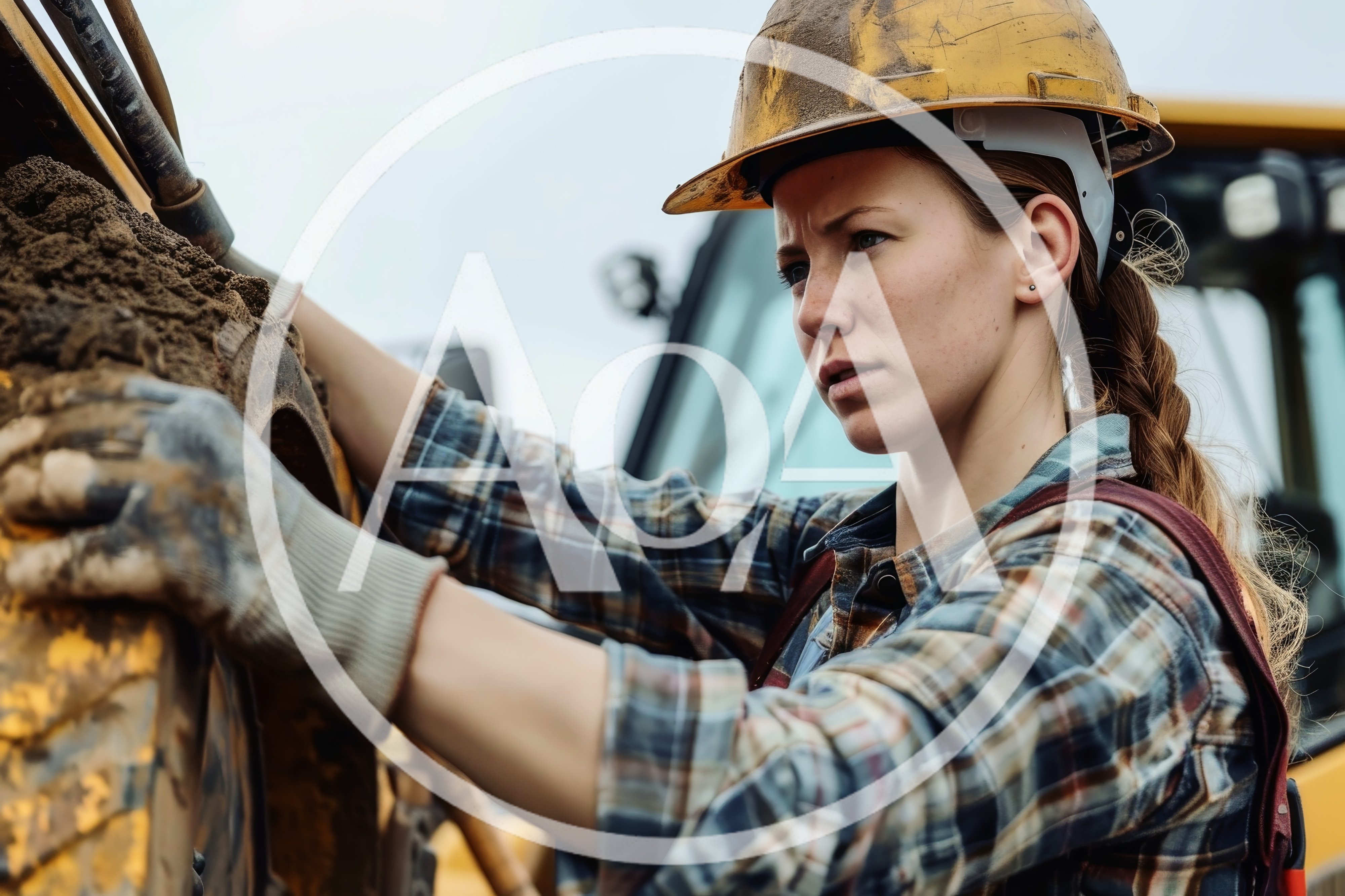 Female Construction Worker Inspecting Heavy Machinery Tire