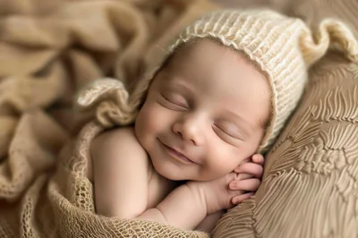 Sleeping Newborn Baby Smiling In A Knitted Hat