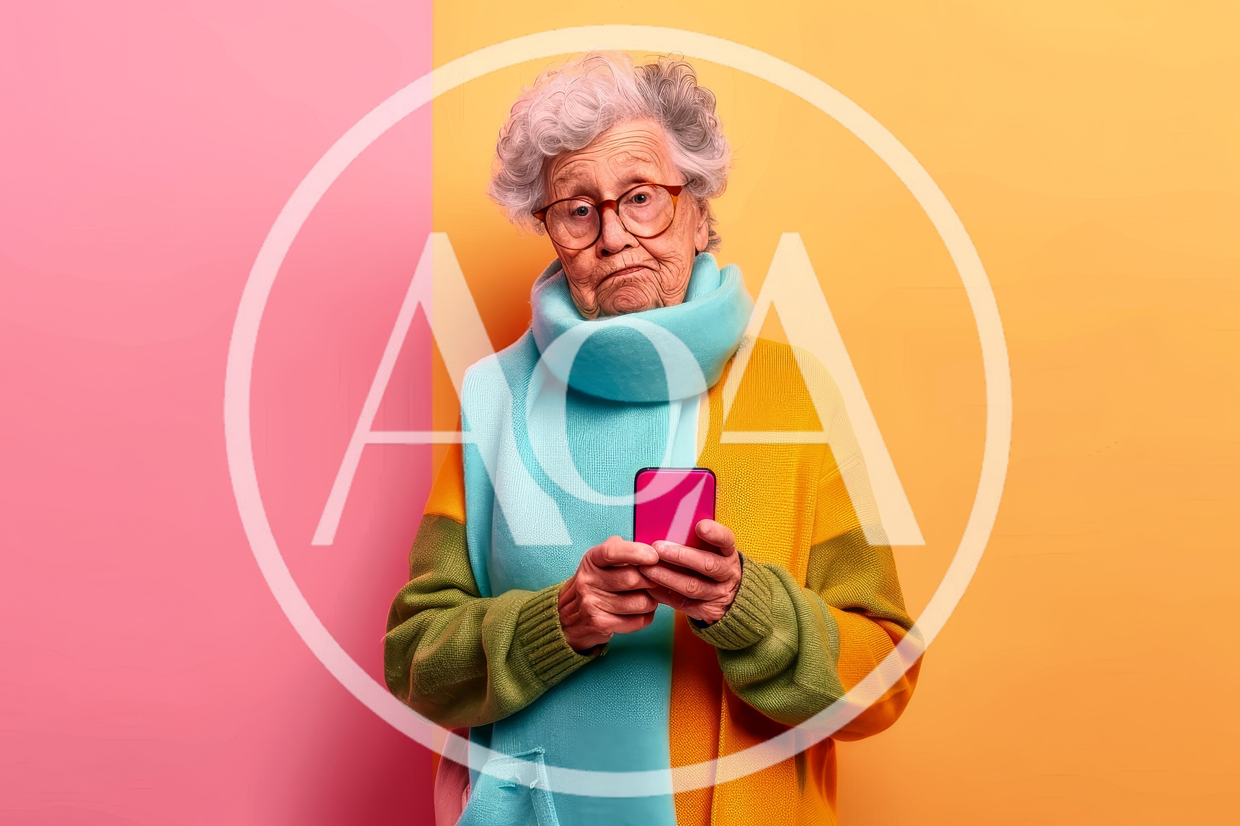 Elderly Woman Using A Smartphone Against A Colorful Background