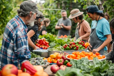 Diverse Group Harvesting Fresh Organic Vegetables At Community Farm