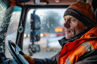 Professional Truck Driver Operating Vehicle In Winter