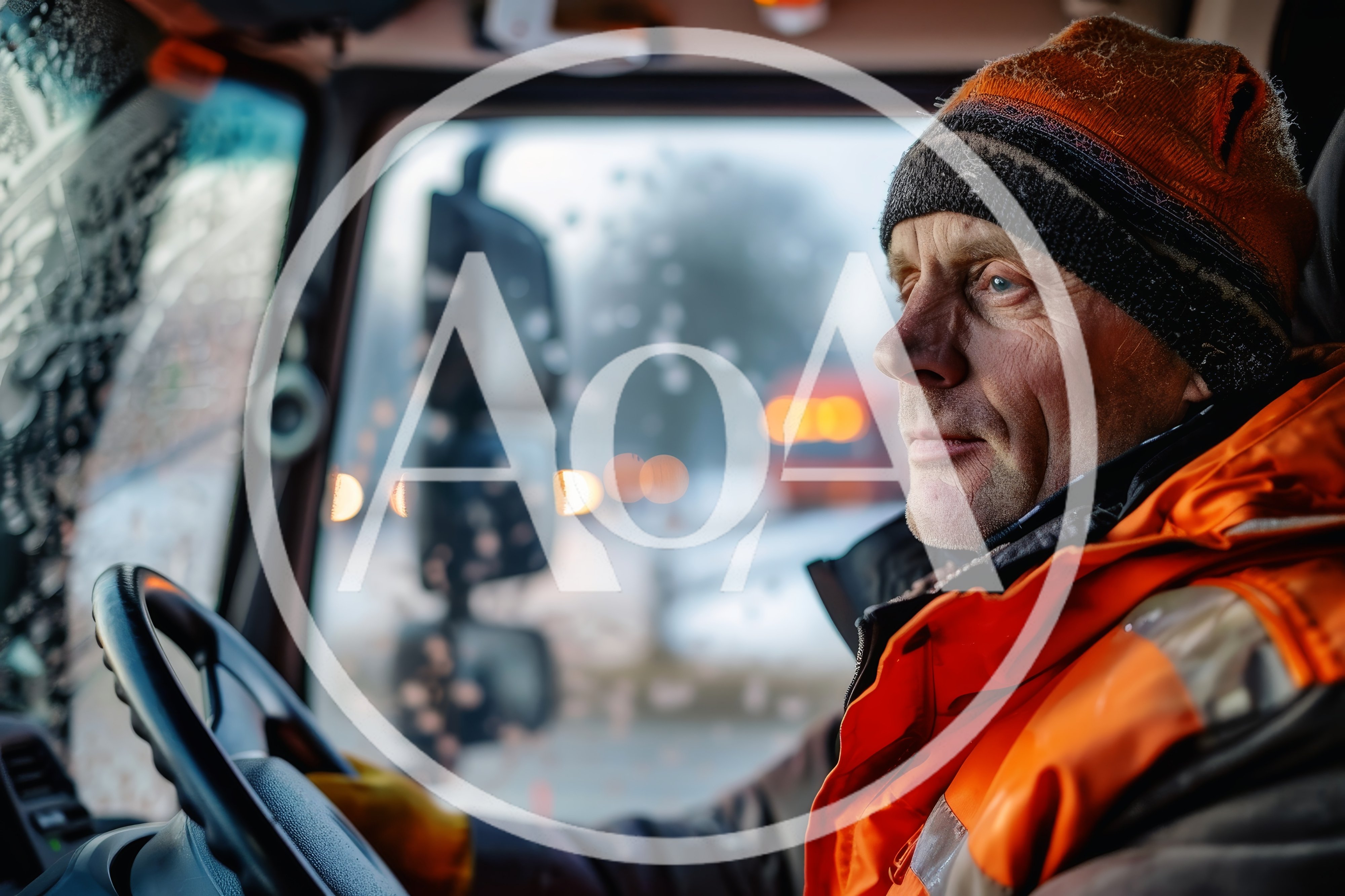 Professional Truck Driver Operating Vehicle In Winter