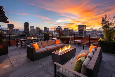 Modern Rooftop Terrace With Fire Pit At Sunset