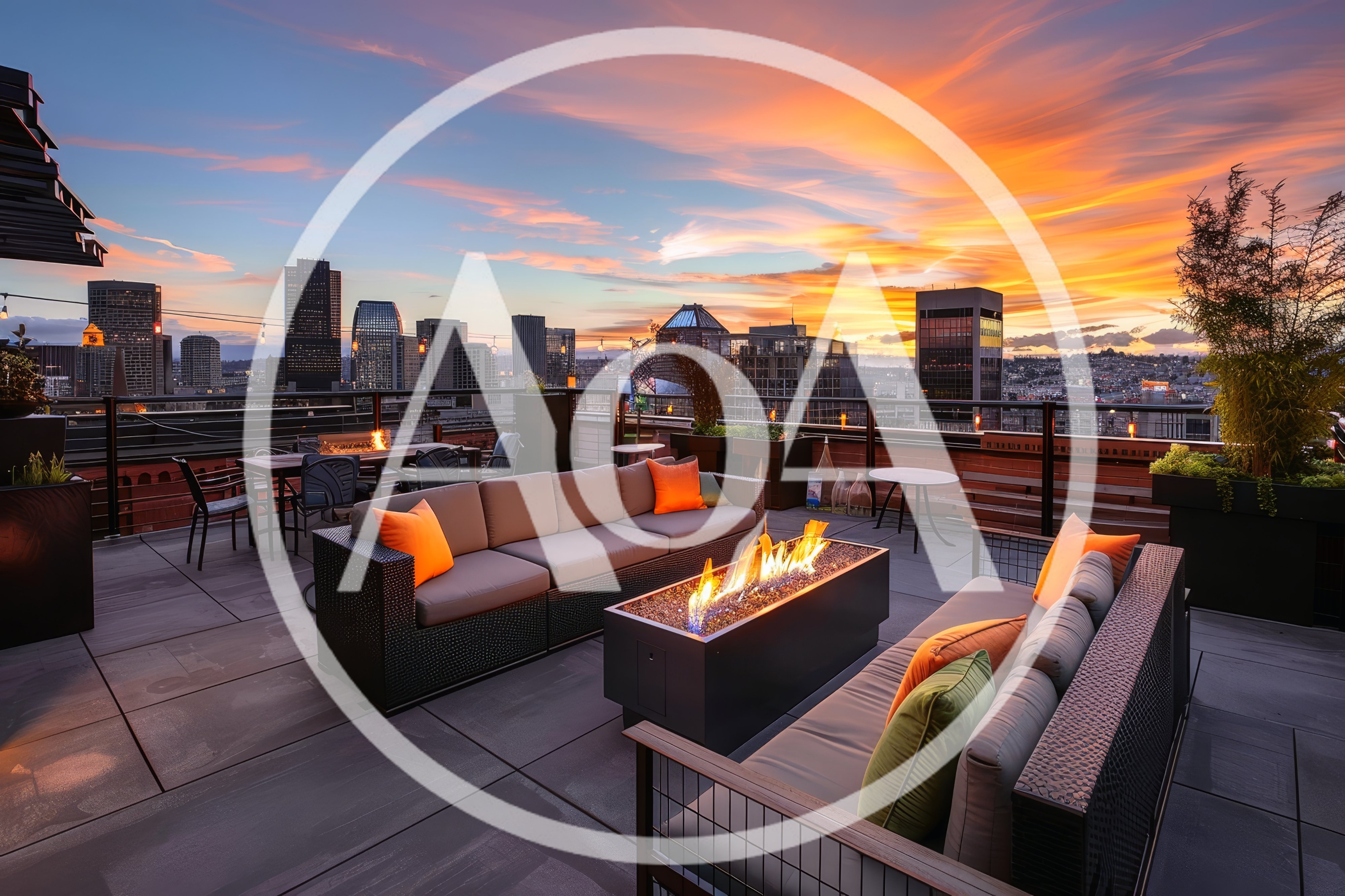 Modern Rooftop Terrace With Fire Pit At Sunset