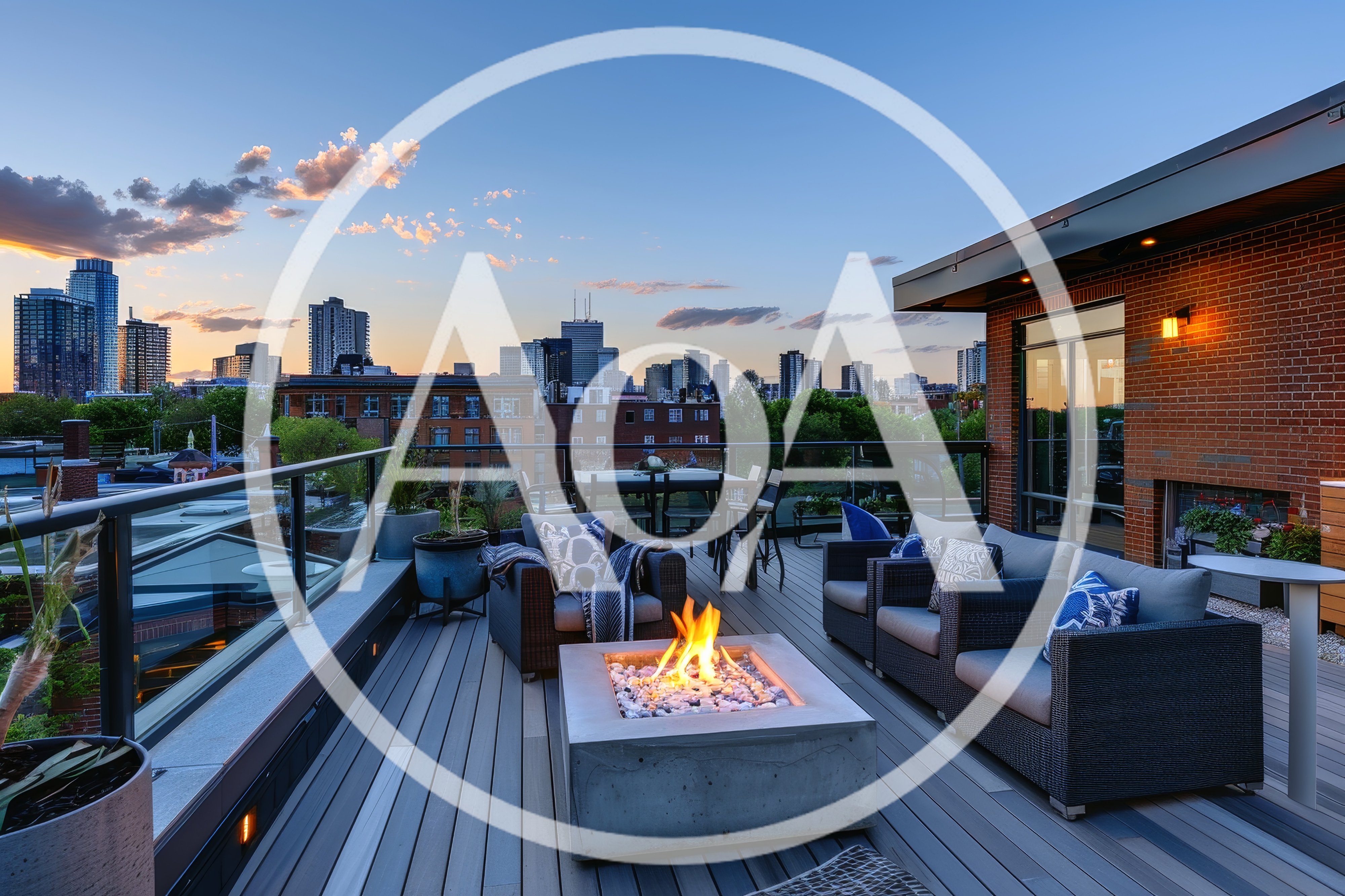 Modern Rooftop Terrace With Fire Pit At Sunset