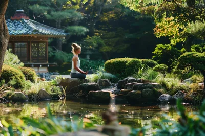 Woman Meditating In A Serene Japanese Garden