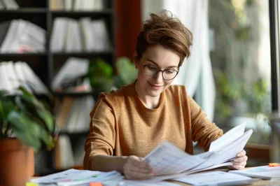 Professional Woman Reviewing Financial Documents In Home Office