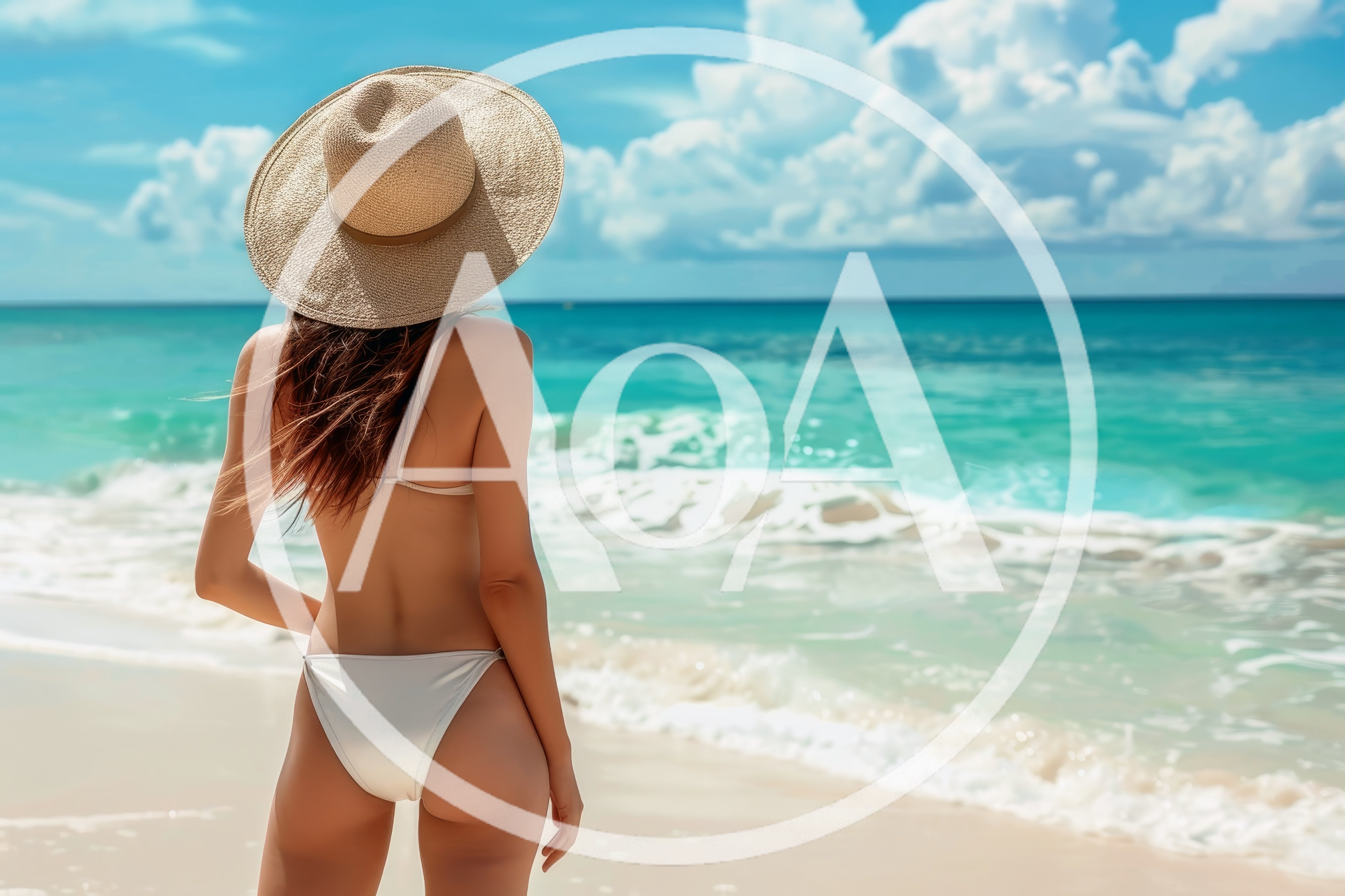 Woman In Bikini And Sun Hat Standing On Beach