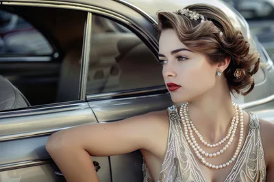 Elegant Woman In Vintage Attire Beside Classic Car