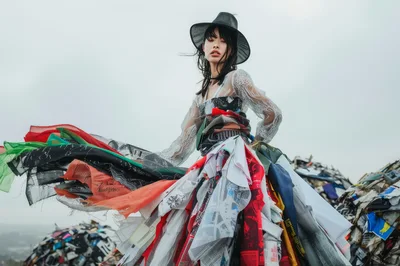 Fashion Model Wearing Recycled Trash Dress In Landfill