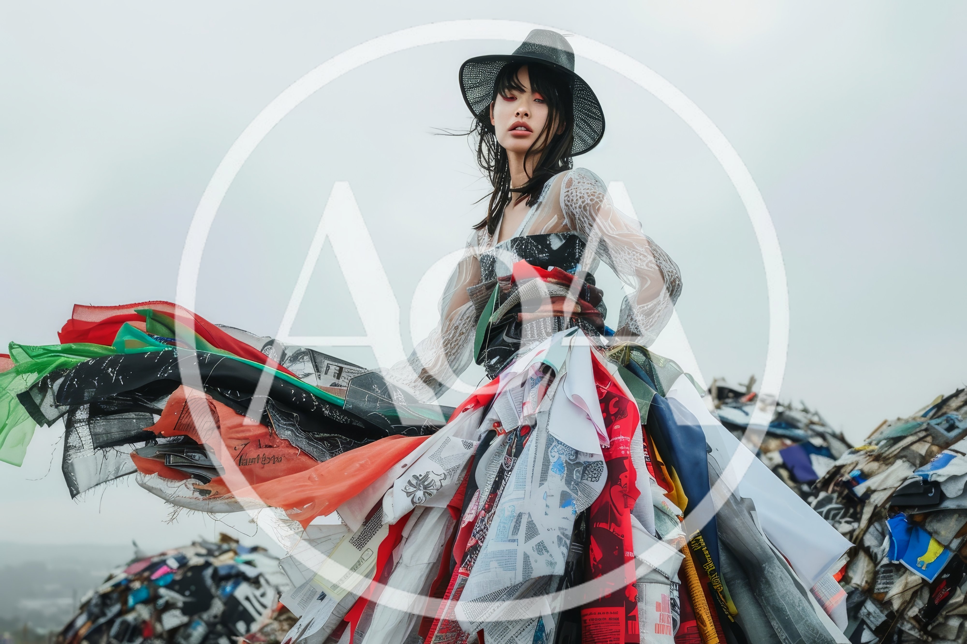 Fashion Model Wearing Recycled Trash Dress In Landfill