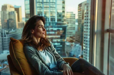 Woman Relaxing In Armchair Overlooking City Skyline