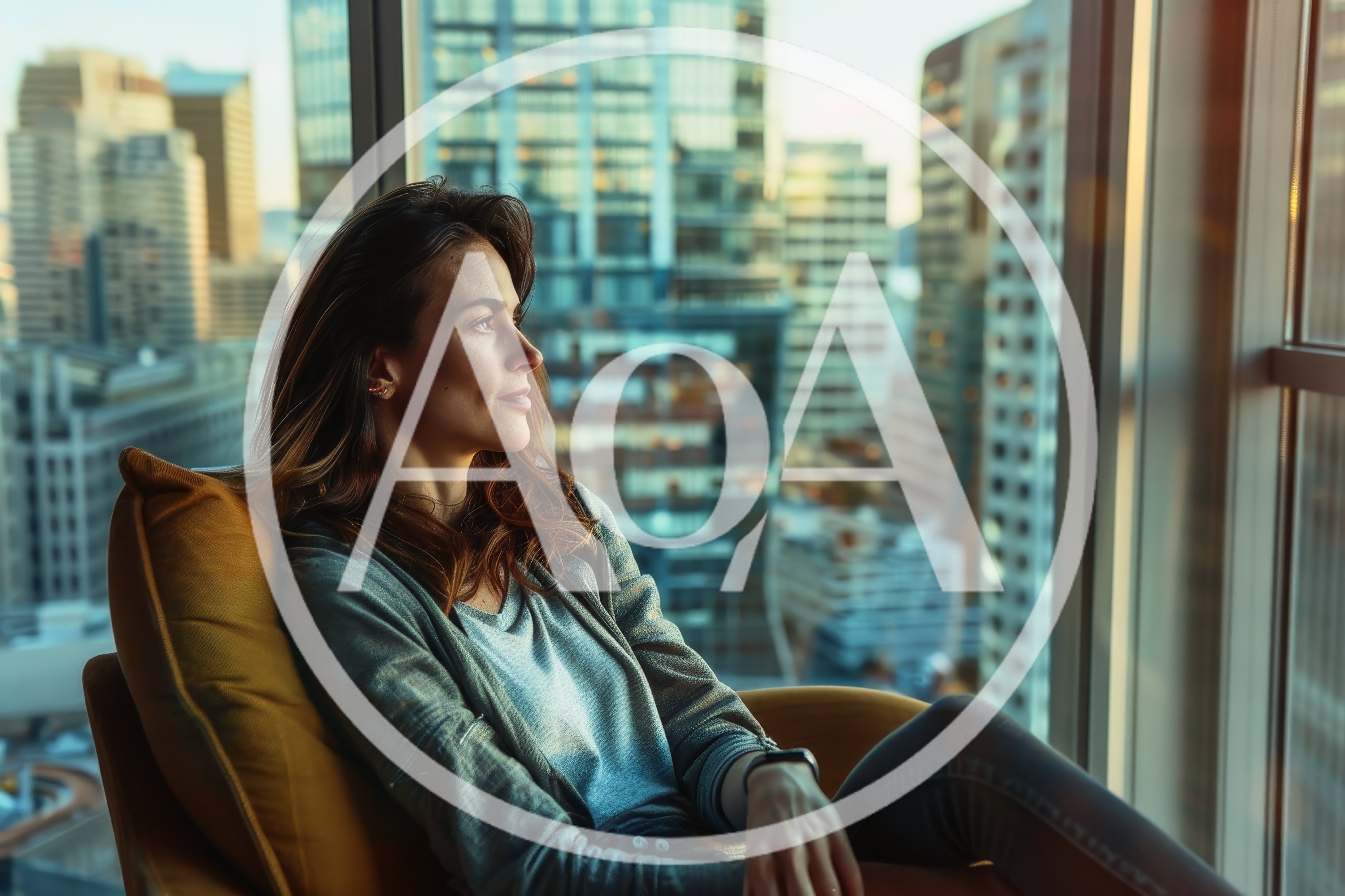 Woman Relaxing In Armchair Overlooking City Skyline