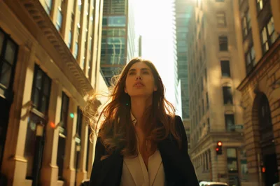 Confident Businesswoman Walking Through A Sunny City Street