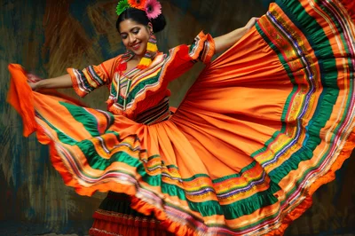 Mexican Folklorico Dancer Performing In Traditional Orange Dress