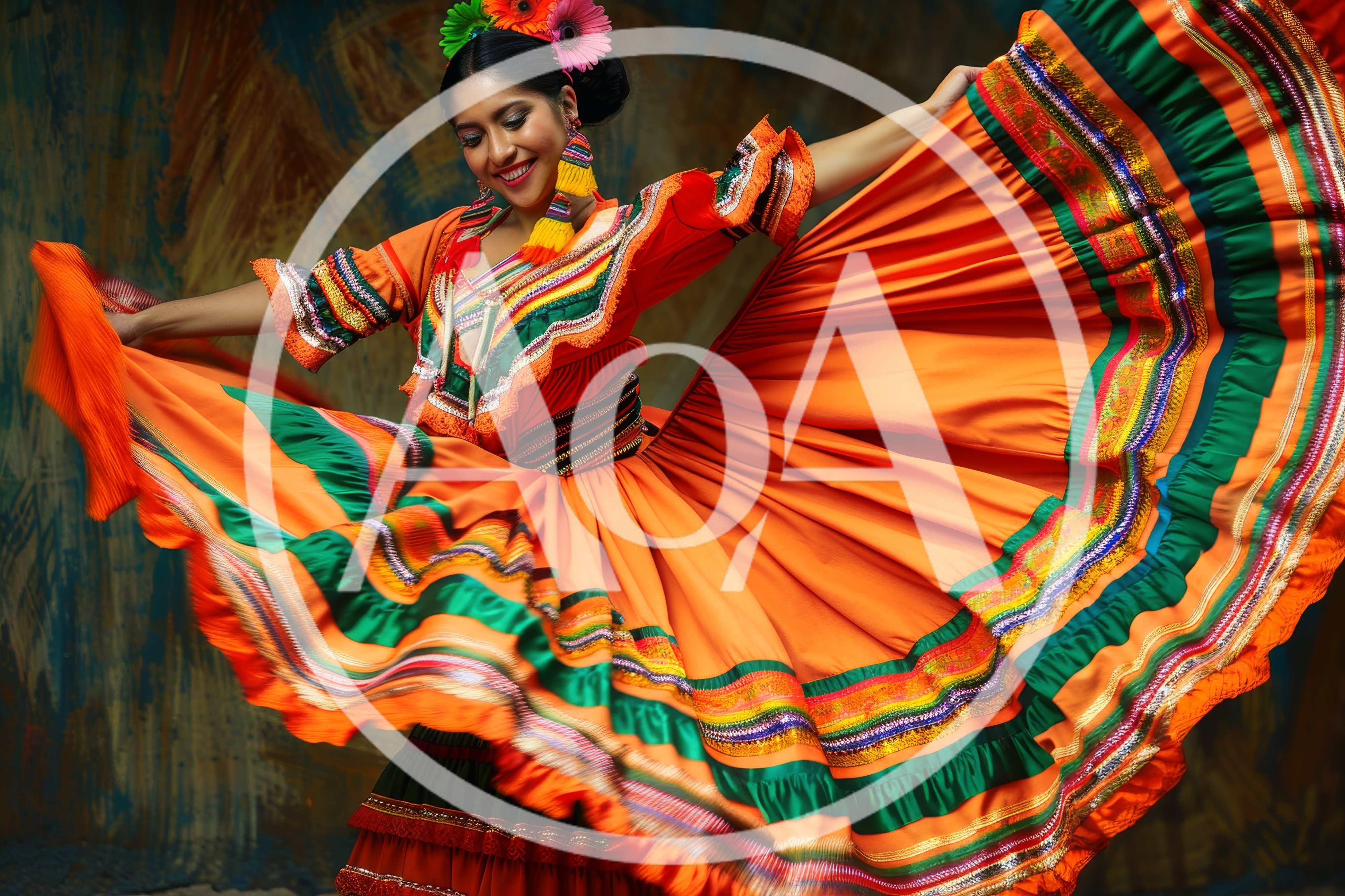 Mexican Folklorico Dancer Performing In Traditional Orange Dress