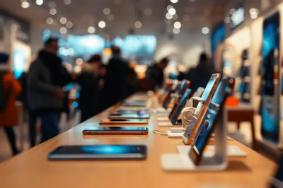 Smartphones Displayed On A Retail Store Table