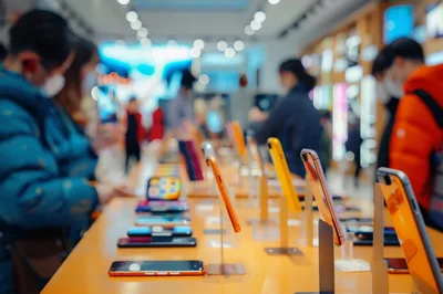 Customers Browsing Smartphones In A Modern Electronics Store