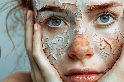 Close Up Portrait Of Woman With Cracked Clay Face Mask