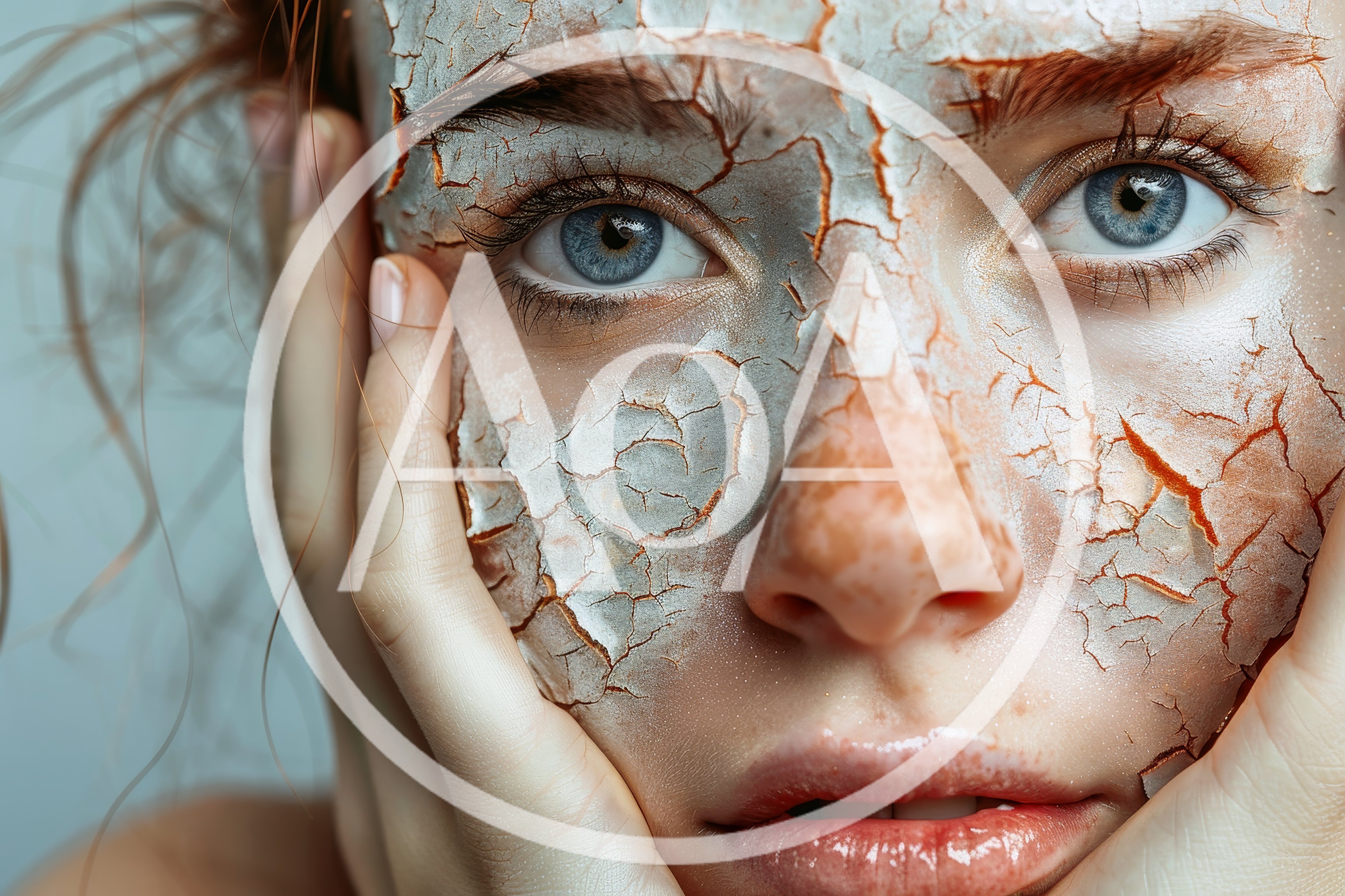 Close Up Portrait Of Woman With Cracked Clay Face Mask