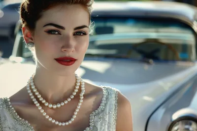 Elegant Woman Wearing Pearls Beside Vintage Car