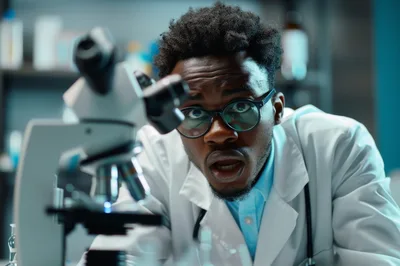 Surprised Scientist Looking Through Laboratory Microscope