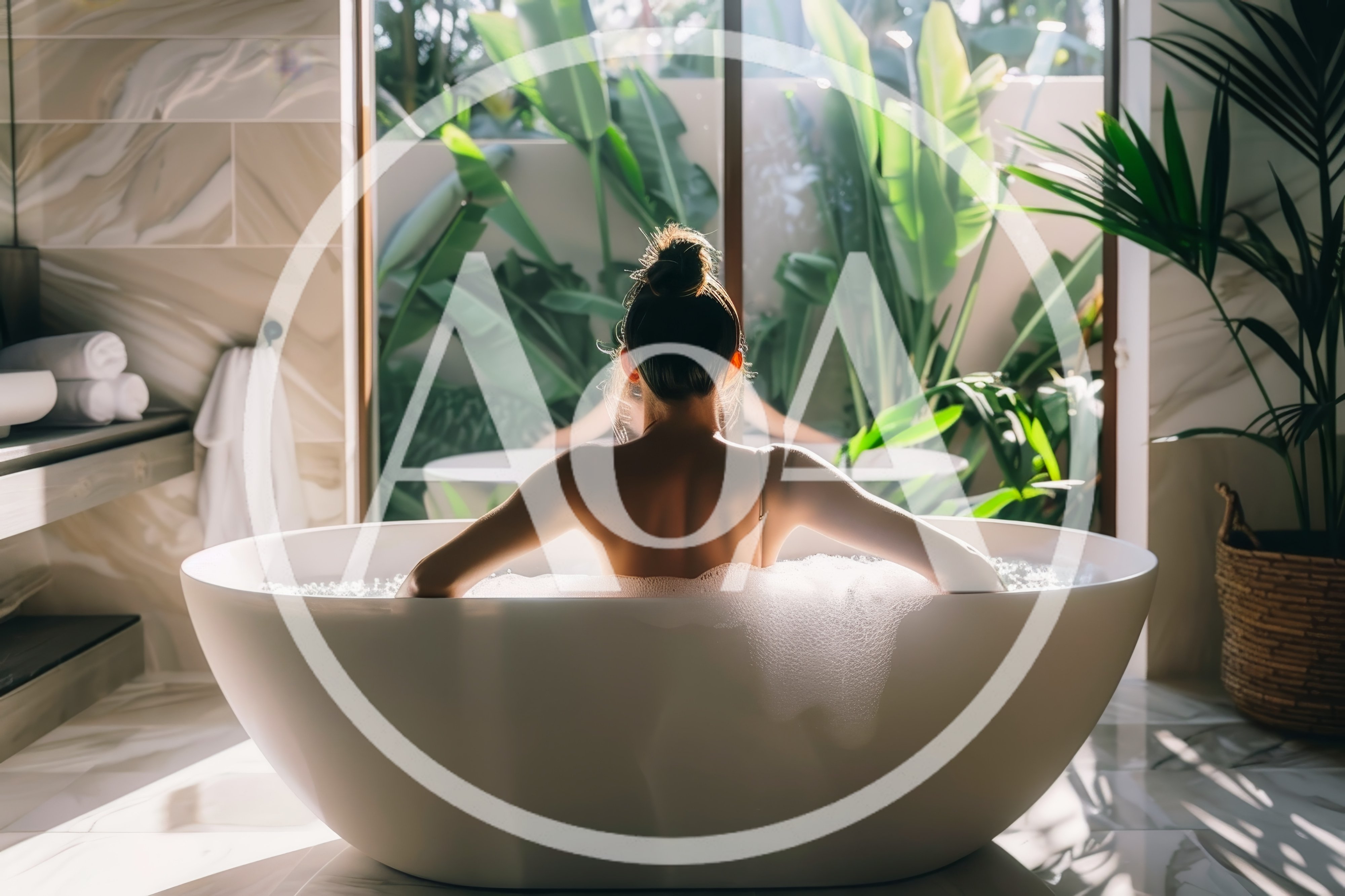 Woman Relaxing In A Luxury Bathtub With Tropical View