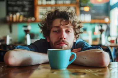 Tired Young Man Leaning On A Coffee Shop Table