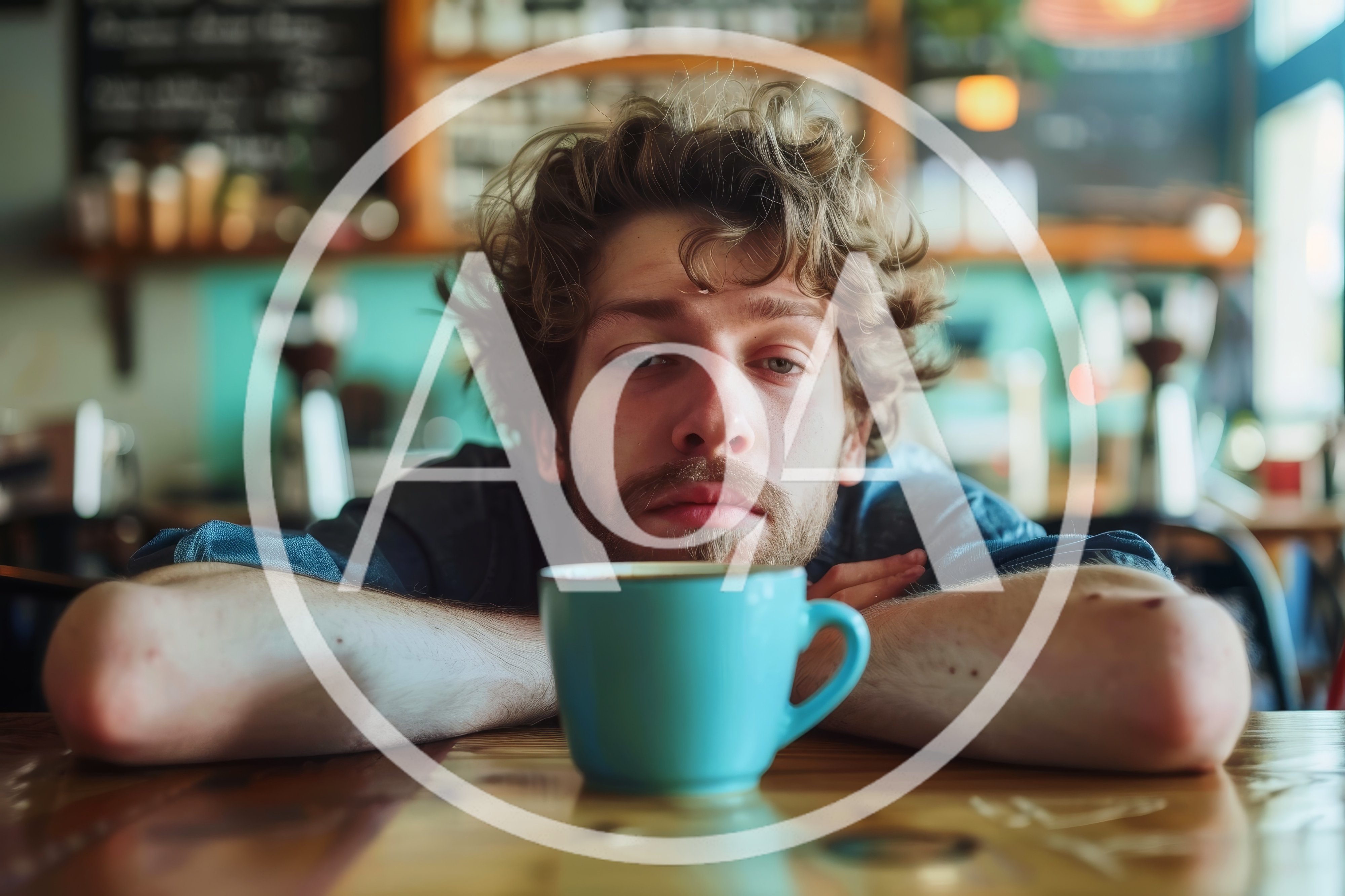 Tired Young Man Leaning On A Coffee Shop Table