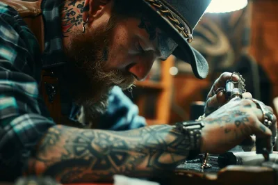 Tattooed Artisan Crafting Intricate Jewelry In Workshop
