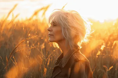 Mature Woman Enjoying Sunset In A Golden Field
