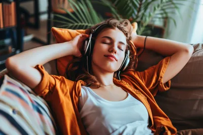 Young Woman Relaxing On Sofa Listening To Music