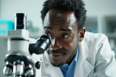 Sweaty Scientist Examining Samples Through A Laboratory Microscope