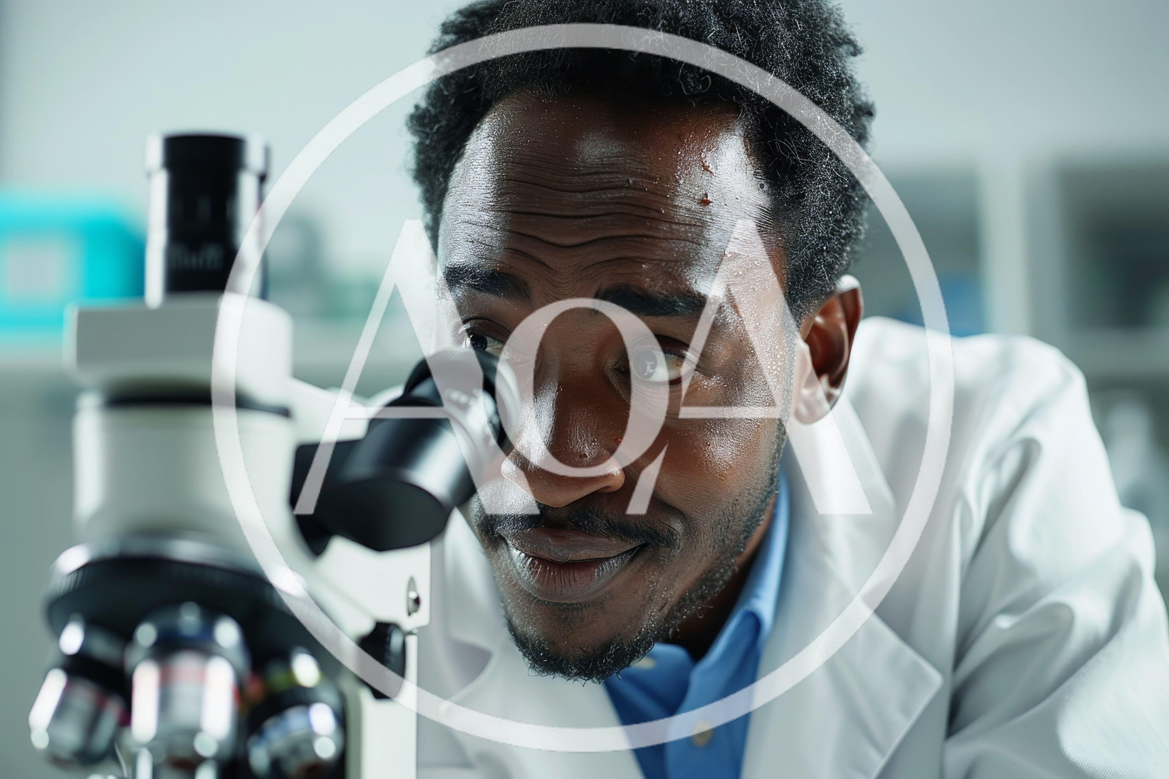 Sweaty Scientist Examining Samples Through A Laboratory Microscope