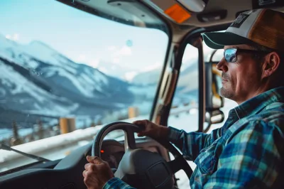 Truck Driver Navigating Snowy Mountain Road