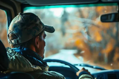 Man Driving A Truck Through Autumn Forest