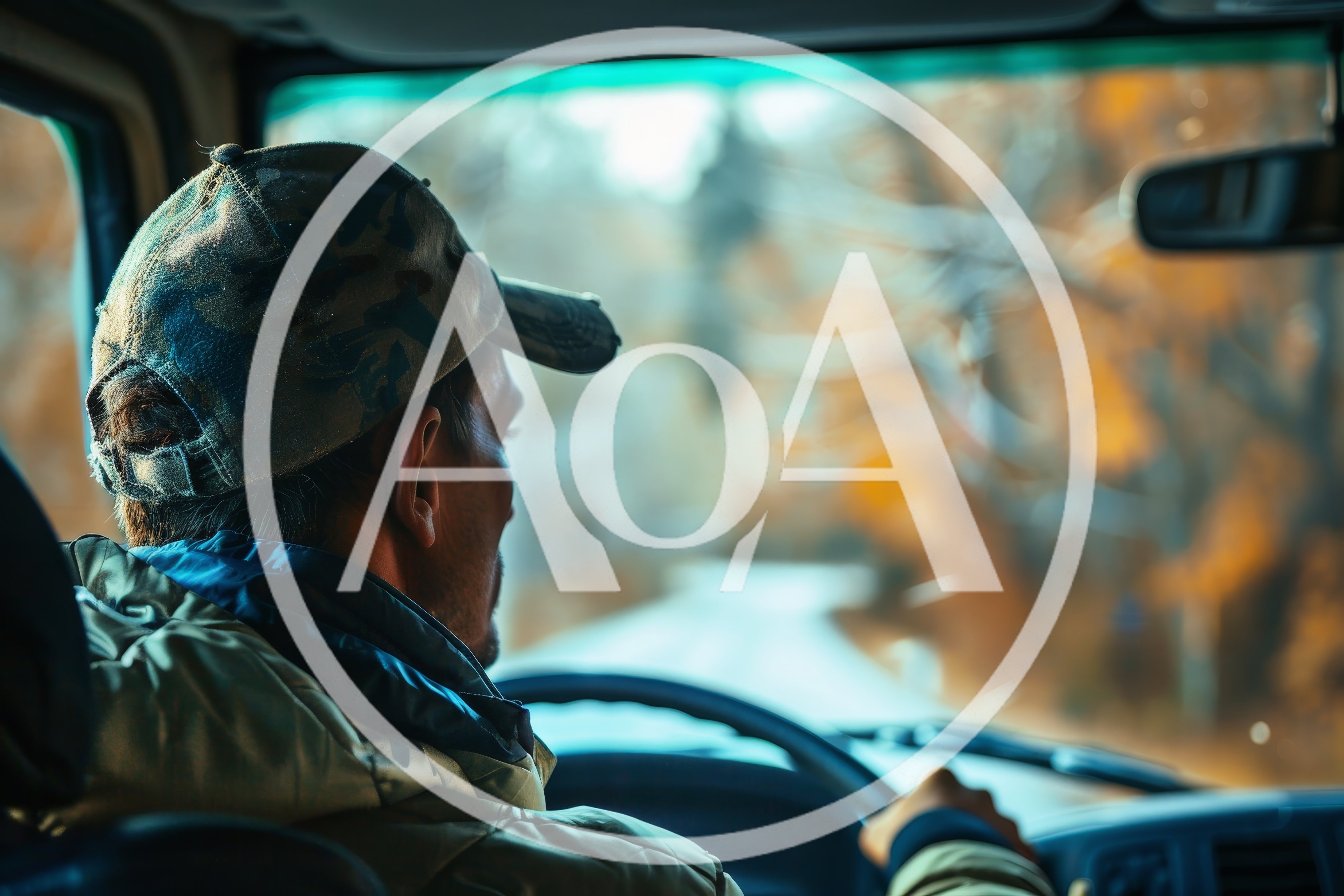 Man Driving A Truck Through Autumn Forest