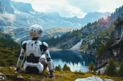 Futuristic Robot Sitting Alone Overlooking A Mountain Lake